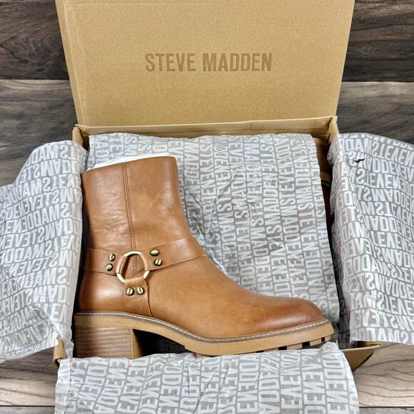 Steve Madden Cordelia 9M Cognac Leather Block Heel Harness Biker Ankle Boot - Picture 11 of 12